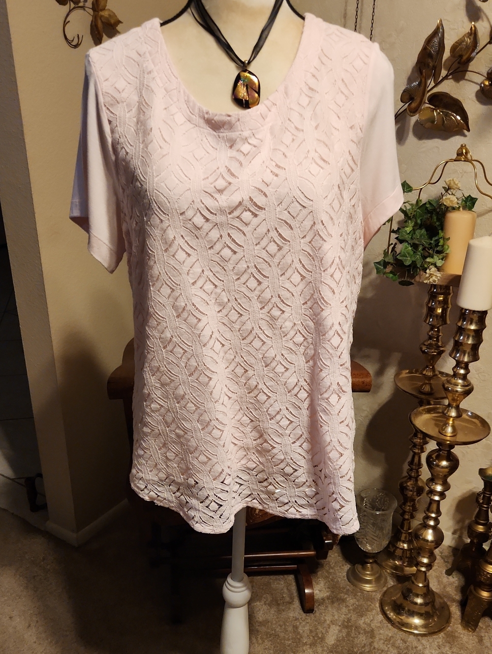 croft & barrow Light Pink Lace Front Short Sleeve Top